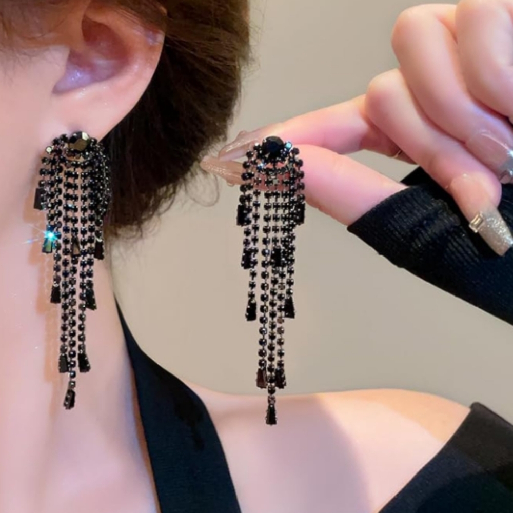 NewBlack Rhinestone Long Crystal Chandelier Earrings Art Deco Tassel New Years